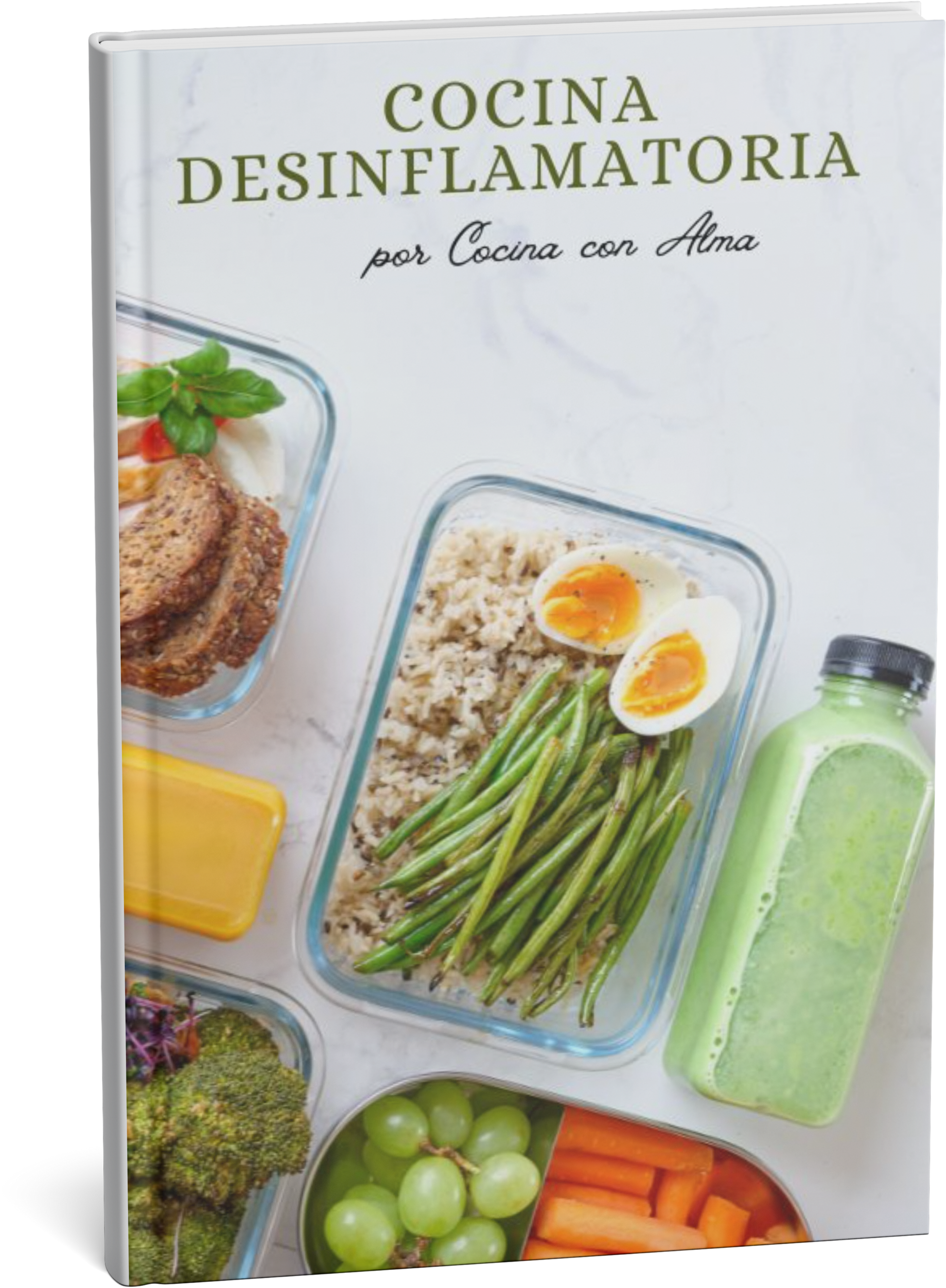 Aquí se observa lo que sería la versión física del libro Cocina con Alma - Recetas saludables desinflamatorias, como para dar un contexto de lo que se quiere mostrar. Pero para fines prácticos, está editado en formato e-book, el cual recibes automáticamente en tu correo electrónico una vez finalizada la compra.