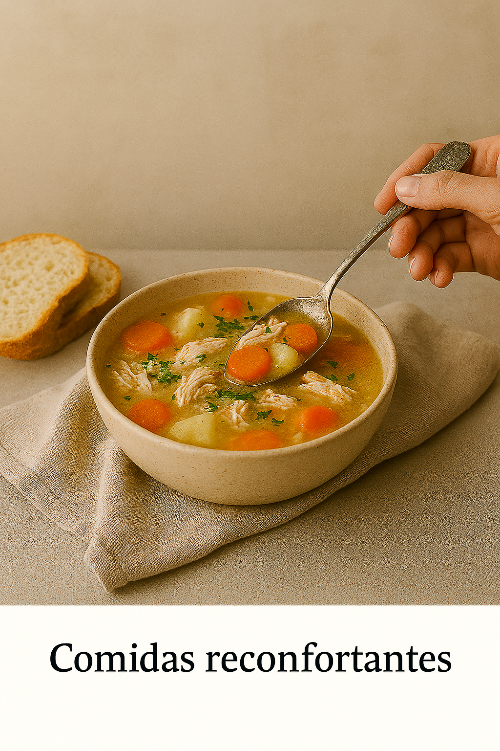 Bowl de sopa casera con zanahorias, papas y apio, acompañado por pan artesanal sobre mantel beige. Una mano sostiene una cuchara con vegetales. Imagen cálida que representa comidas reconfortantes del plan antiinflamatorio de Cocina con Alma.