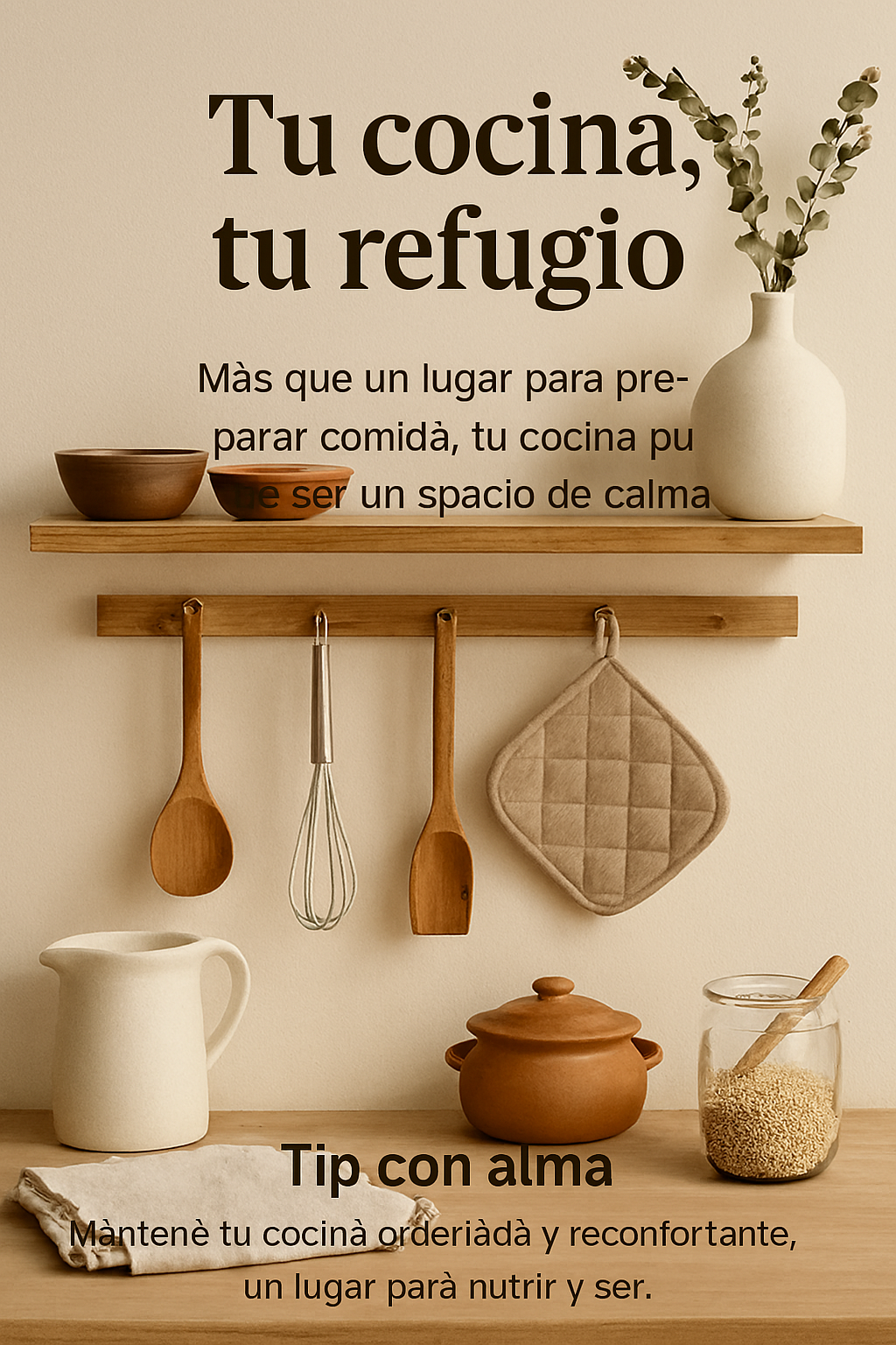 Rincón de cocina cálido y funcional con estante de madera, utensilios colgantes y objetos decorativos. Transmite la idea de la cocina como refugio emocional, en línea con el mensaje de Cocina con Alma - Recetas saludables desinflamatorias