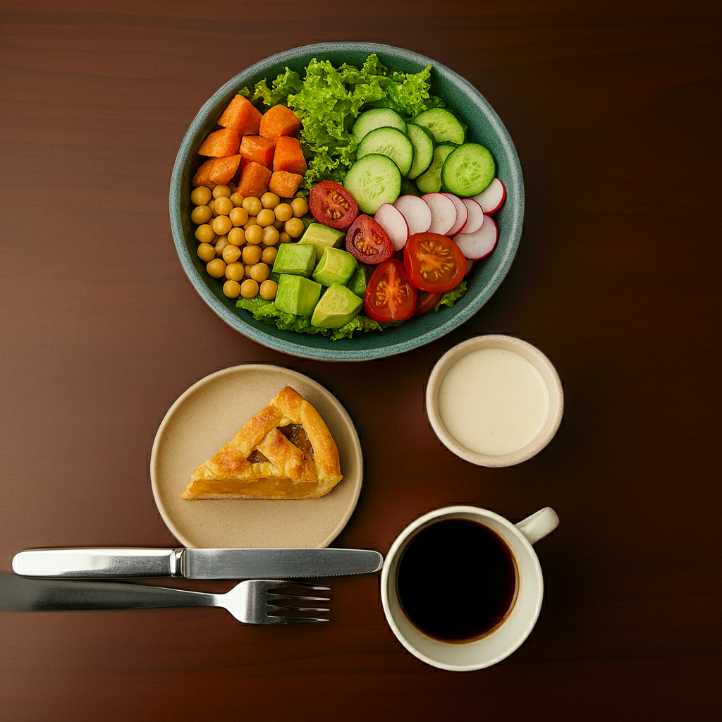 Cocina con Alma - recetas saludables desinflamatorias que sanan, ensalada fresca y café en mesa de madera.